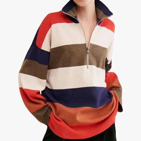 Women's NEW Lapel Sweaters Long Sleeve V Neck Striped Print/Contrast Color Knit - Picture 6 of 6